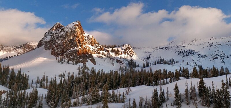 Snow-covered Mountain Peak — Blue, Serene, Winter, Photograph, Trees, Clouds, Snow, White