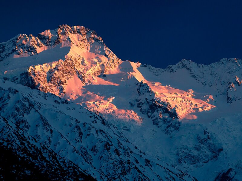 Snow-covered Mountain Peak — Blue, Sunrise