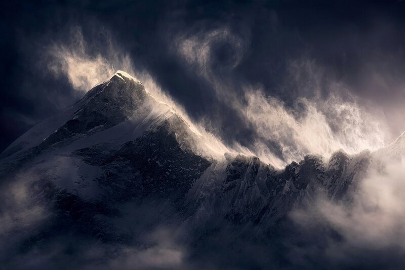 Snow-covered Mountain Peak — Gray, Dramatic, Photograph