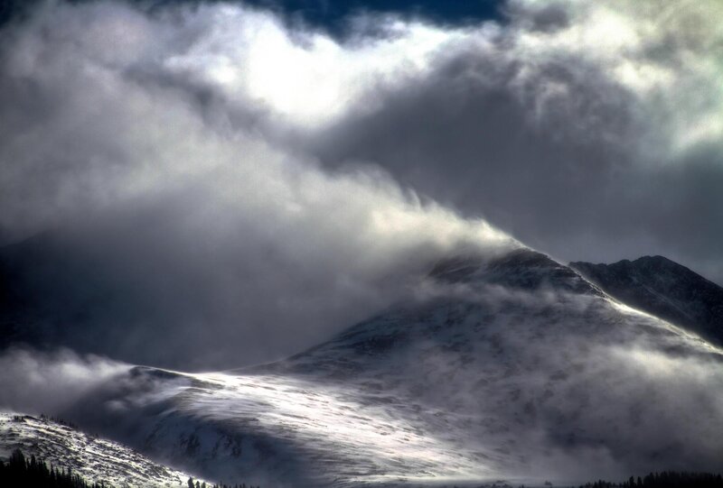 Snow-covered Mountain Peak — Gray, Dramatic, Winter, Photograph, Clouds, Mountains