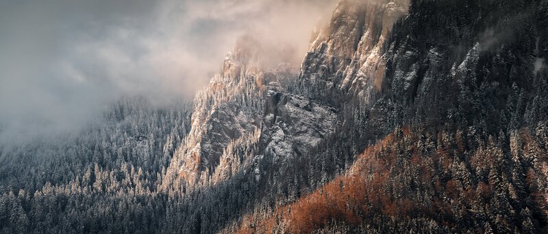Snow-covered Mountain Peak — Gray, Dramatic, Winter, Photograph, Forest