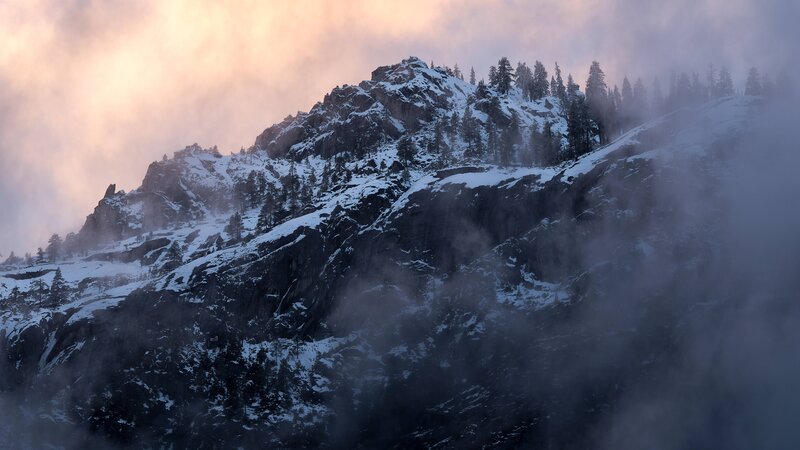 Snow-covered Mountain Peak — Gray, Dramatic, Winter, Photograph, Trees