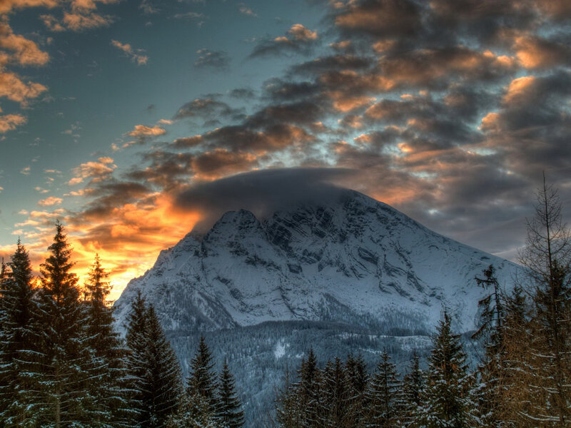 Snow-covered Mountain Peak — Orange, Dramatic, Sunrise, Photograph