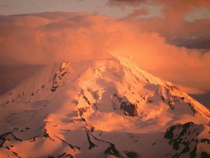 Snow-covered Mountain Peak — Orange, Dramatic, Sunset, Photograph, Clouds, Sky, White