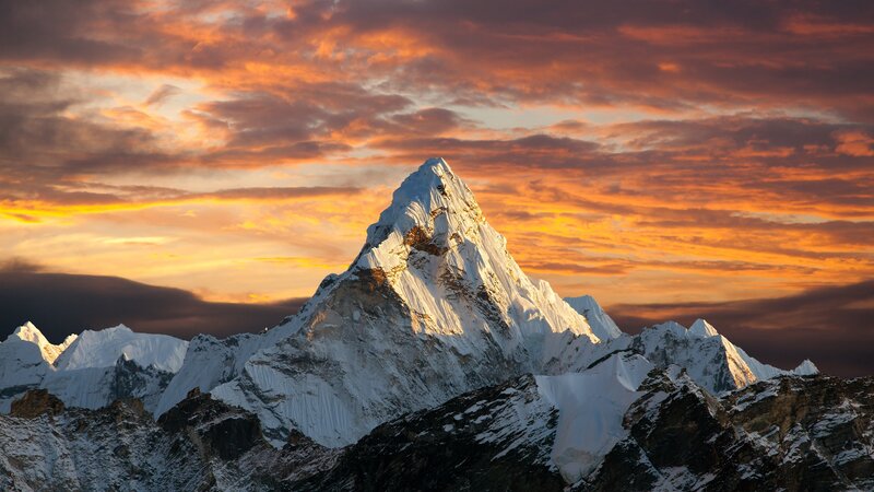 Snow-covered Mountain Peak — Orange, Dramatic, Sunset, Photograph, Mountains