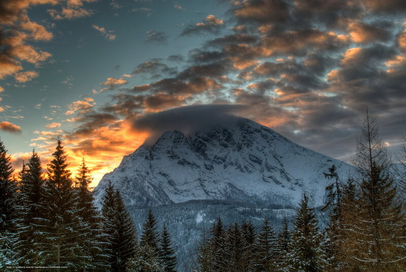 Snow-covered Mountain Peak — Orange, Dramatic, Sunset, Photograph, Pine Trees