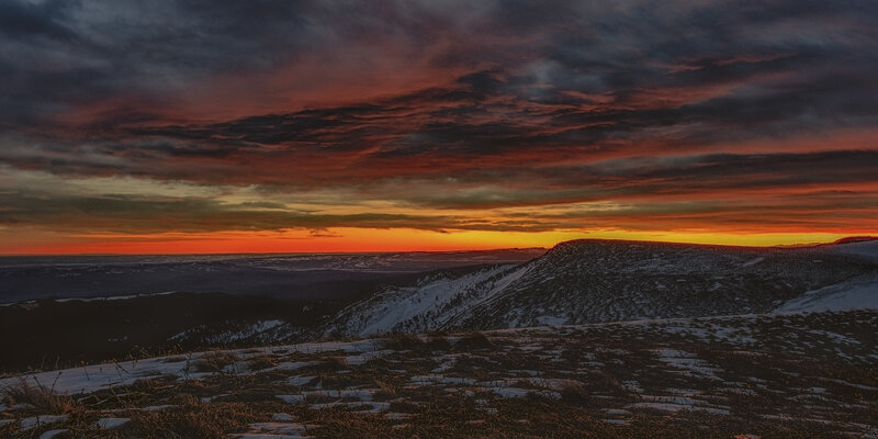 Snow-covered Mountain Peak — Orange, Dramatic, Sunset, Photograph, Sky