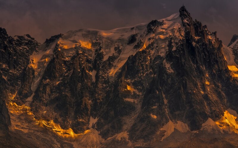 Snow-covered Mountain Peak — Orange, Dramatic, Sunset, Photograph, Snow, Sky