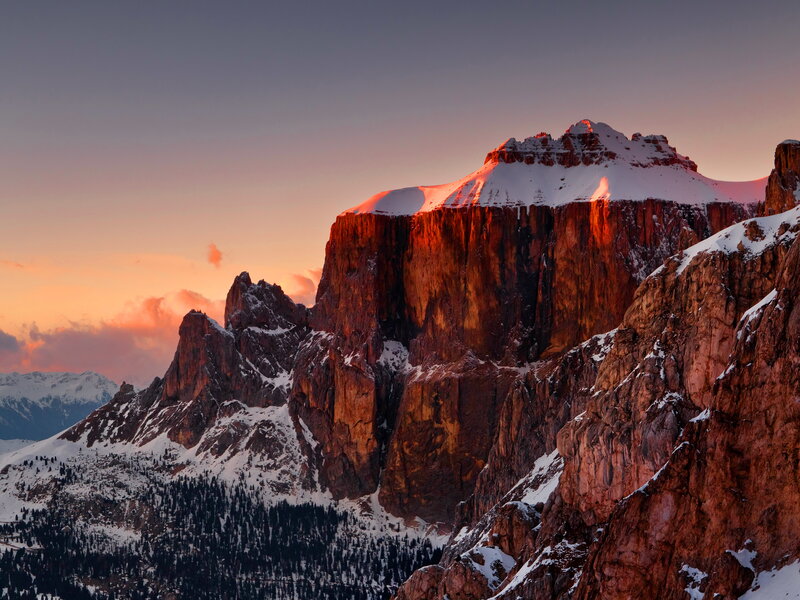 Snow-covered Mountain Peak — Orange, Dramatic, Sunset, Photograph, Snow, Sky, Trees