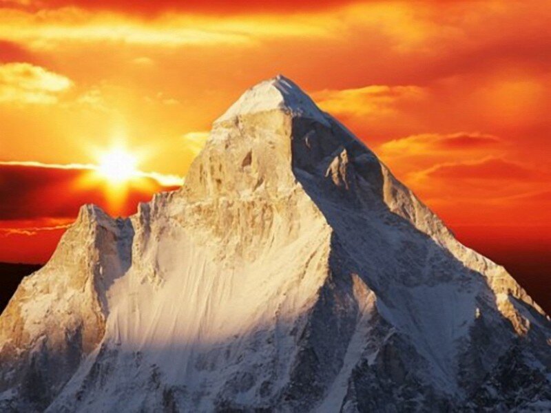 Snow-covered Mountain Peak — Orange, Dramatic, Sunset, Photograph, Sun, Clouds, Sky