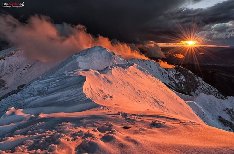 Snow-covered Mountain Peak — Orange, Dramatic, Sunset, Photograph, Sun, Clouds