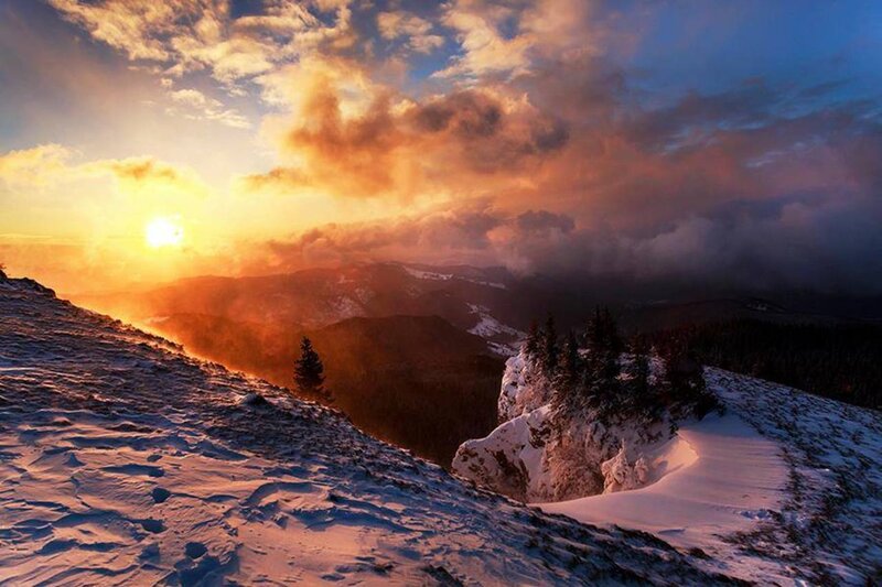 Snow-covered Mountain Peak — Orange, Dramatic, Sunset, Photograph, Sun