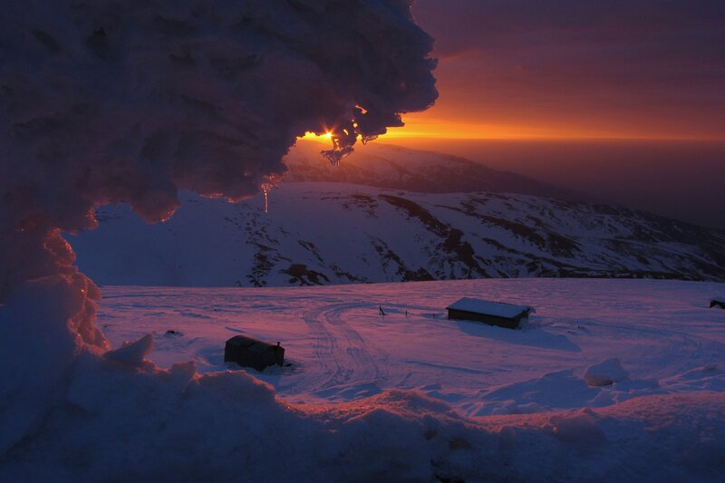 Snow-covered Mountain Peak — Orange, Dramatic, Sunset, Photograph, Sunrise, Hut
