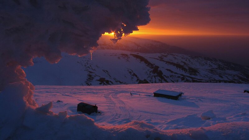 Snow-covered Mountain Peak — Orange, Dramatic, Sunset, Photograph, Sunrise