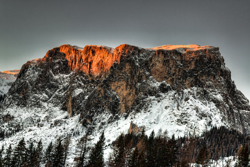 Snow-covered Mountain Peak — Orange, Dramatic, Sunset, Photograph, Trees