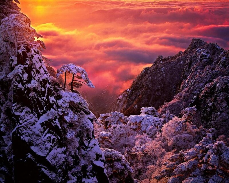 Snow-covered Mountain Peak — Orange, Dramatic