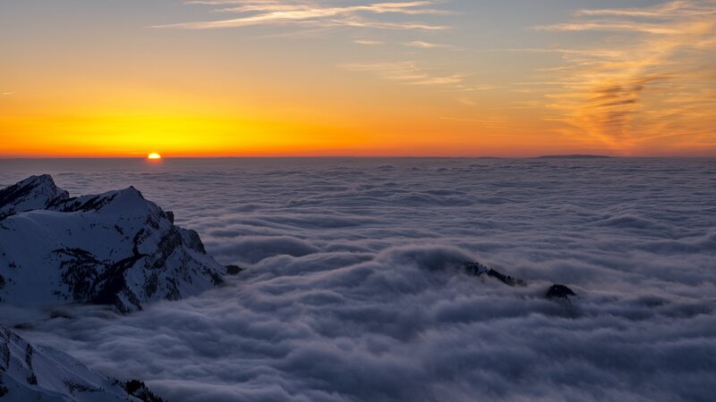 Snow-covered Mountain Peak — Orange, Serene, Sunrise