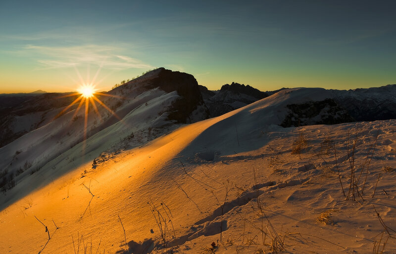 Snow-covered Mountain Peak — Orange, Serene