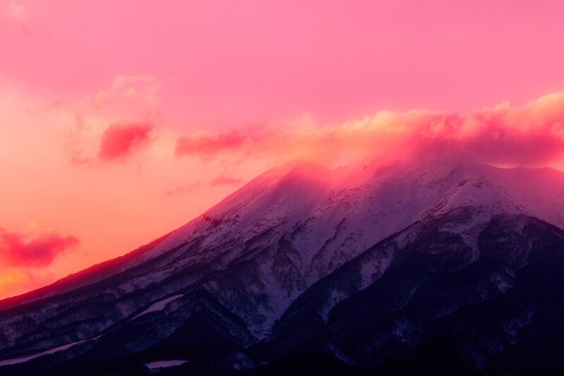 Snow-covered Mountain Peak — Pink, Dramatic, Sunset, Photograph, Clouds