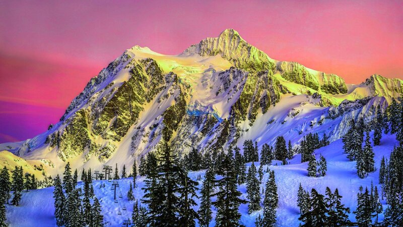 Snow-covered Mountain Peak — Pink, Dramatic, Sunset