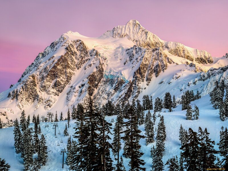 Snow-covered Mountain Peak — Pink, Serene, Sunset