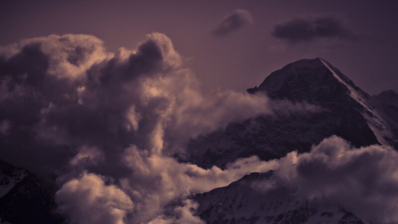Snow-covered Mountain Peak — Purple, Dramatic, Night, Photograph, Clouds