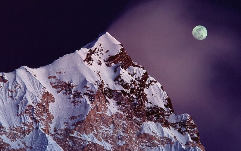 Snow-covered Mountain Peak — Purple, Dramatic, Night, Photograph, Moon, Clouds, White, Black