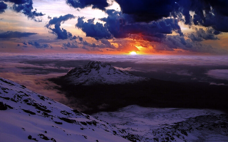 Snow-covered Mountain Peak — Purple, Dramatic, Sunrise, Photograph, Clouds, Snow
