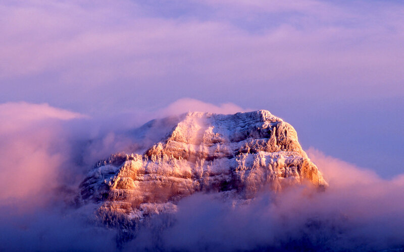 Snow-covered Mountain Peak — Purple, Dramatic, Sunrise, Photograph, Clouds