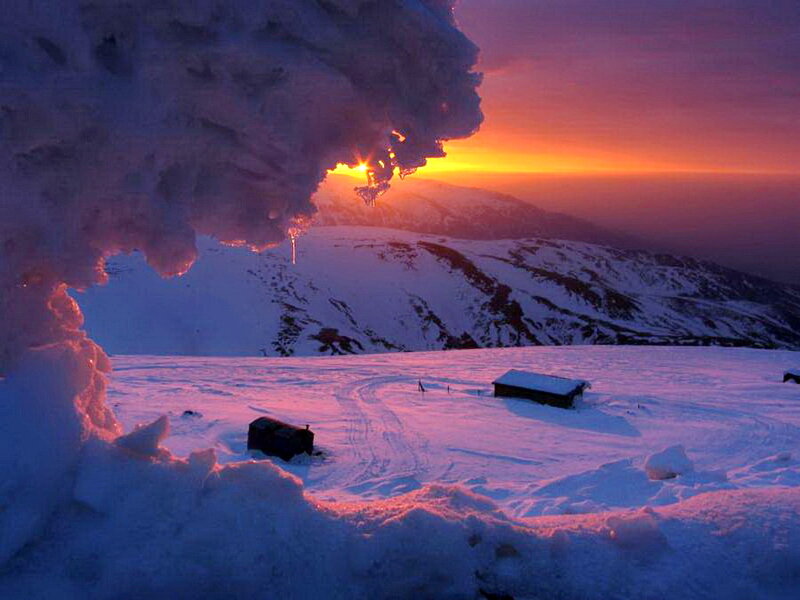 Snow-covered Mountain Peak — Purple, Dramatic, Sunrise, Photograph, Hut