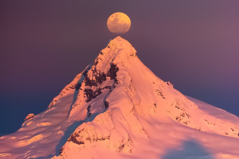 Snow-covered Mountain Peak — Purple, Dramatic, Sunset, Photograph, Moon