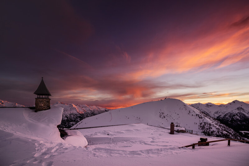 Snow-covered Mountain Peak — Purple, Dramatic, Sunset, Photograph, Sky, Building