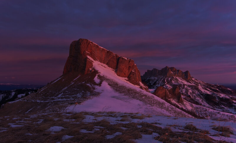 Snow-covered Mountain Peak — Purple, Dramatic, Sunset, Photograph, Sky