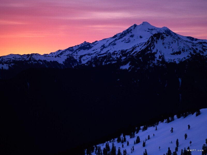 Snow-covered Mountain Peak — Purple, Dramatic, Sunset, Photograph, Sky, Trees