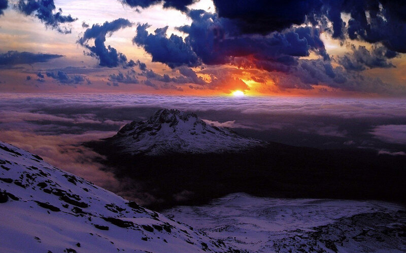 Snow-covered Mountain Peak — Purple, Dramatic, Sunset