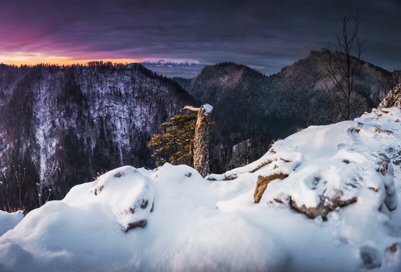 Snow-covered Mountain Peak — Purple, Dramatic, Winter, Photograph