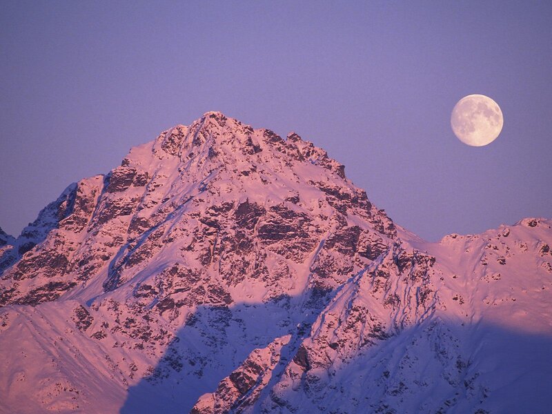 Snow-covered Mountain Peak — Purple, Serene, Night, Photograph, Moon, Sky