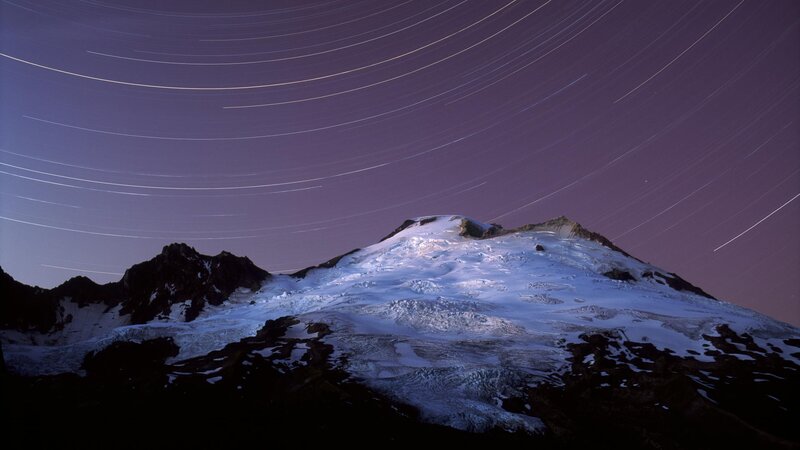 Snow-covered Mountain Peak — Purple, Serene, Night, Photograph, Star Trails, Glacier
