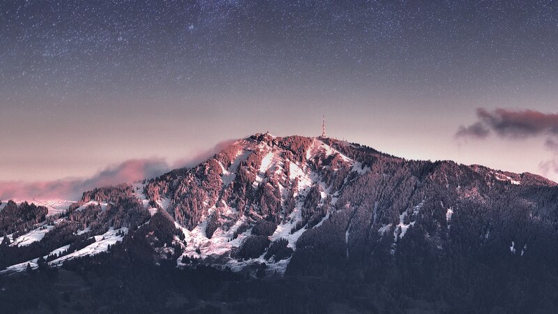 Snow-covered Mountain Peak — Purple, Serene, Night, Photograph, Starry Sky