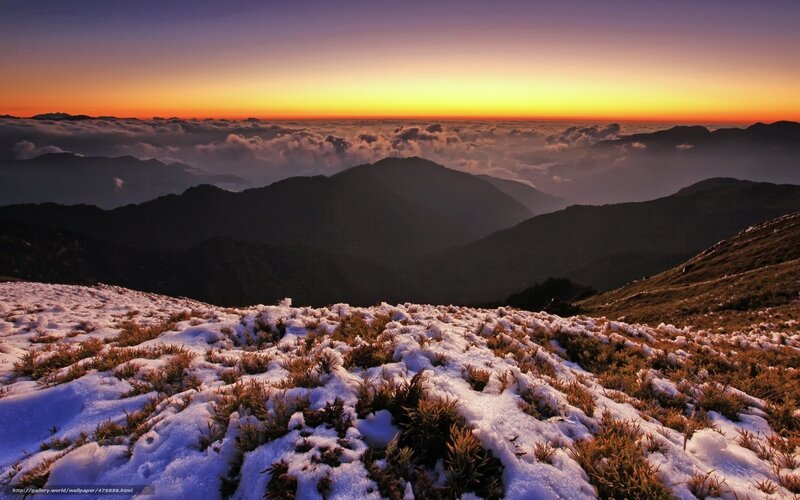 Snow-covered Mountain Peak — Purple, Serene, Sunrise