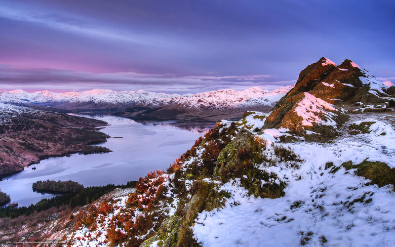 Snow-covered Mountain Peak — Purple, Serene, Sunset, Photograph, Lake