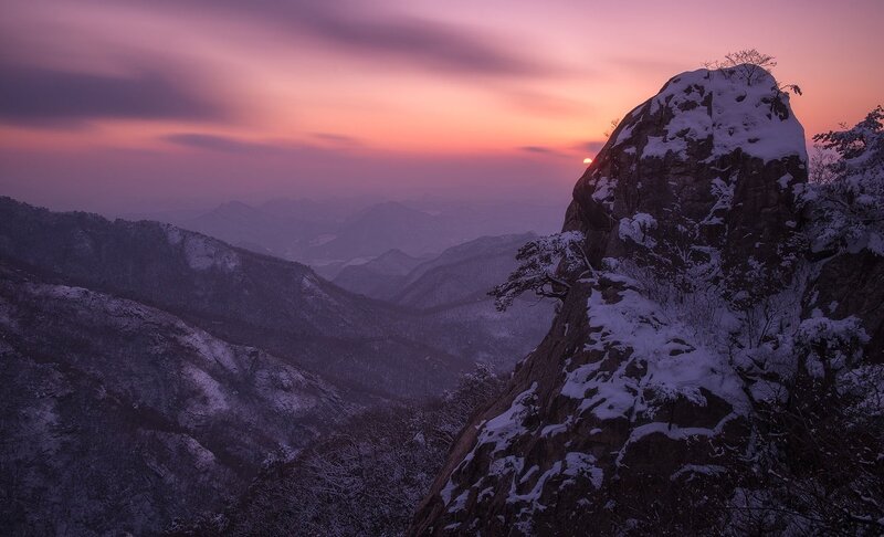 Snow-covered Mountain Peak — Purple, Serene, Sunset, Photograph, Mountains