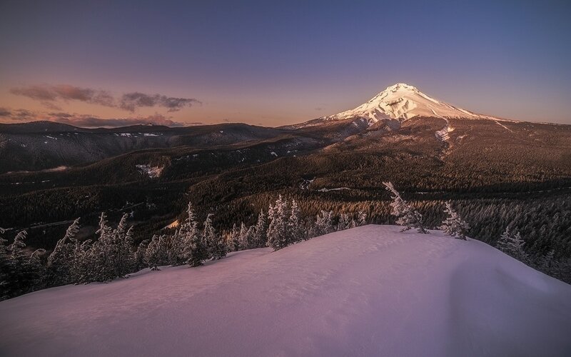 Snow-covered Mountain Peak — Purple, Serene, Sunset, Photograph, Snow