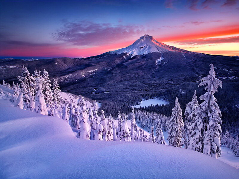 Snow-covered Mountain Peak — Purple, Serene, Sunset