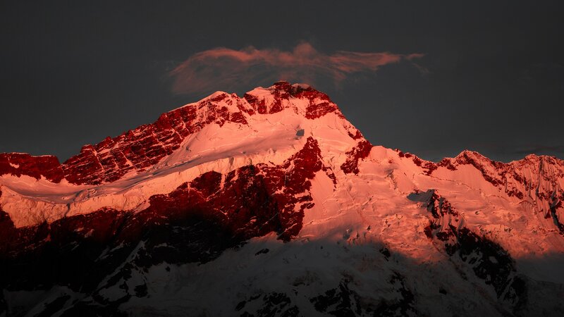 Snow-covered Mountain Peak — Red, Dramatic, Sunrise