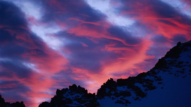 Snow-covered Mountain Peak — Red, Dramatic, Sunset, Photograph, Clouds