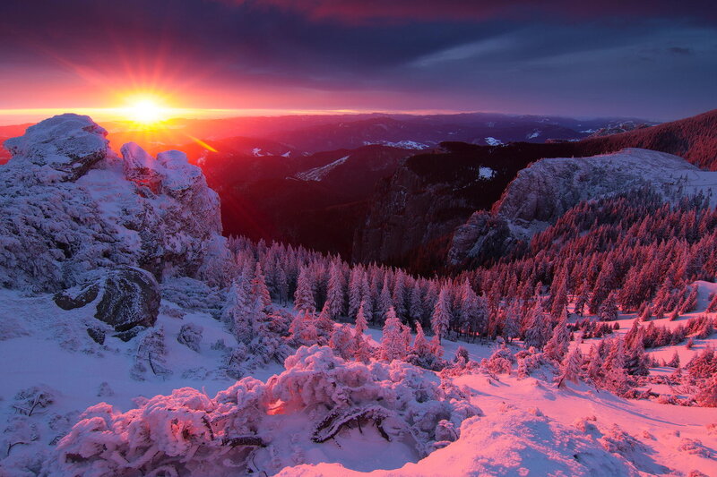 Snow-covered Mountain Peak — Red, Dramatic, Sunset, Photograph