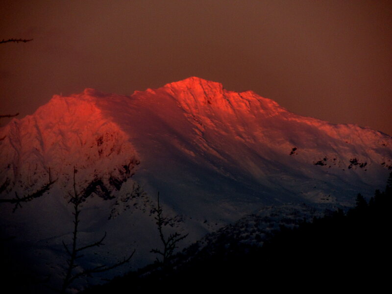 Snow-covered Mountain Peak — Red, Dramatic, Sunset