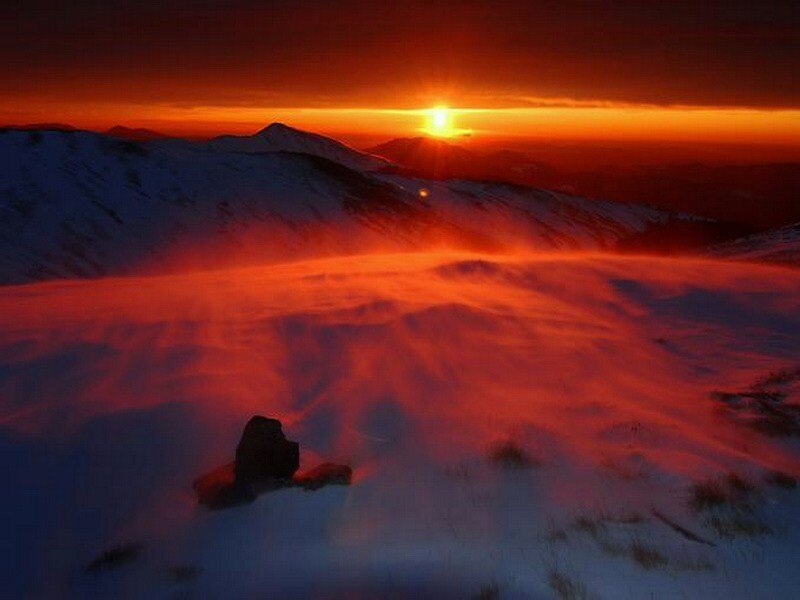 Snow-covered Mountain Peak — Red