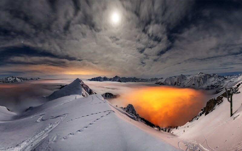 Snow-covered Mountain Peak — White, Dramatic, Night, Photograph, Clouds